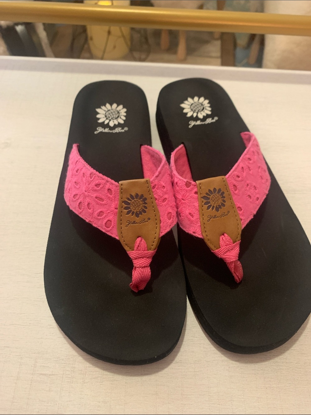 Yellow Box Pink Lace Thong Sandals with Black Footbed
